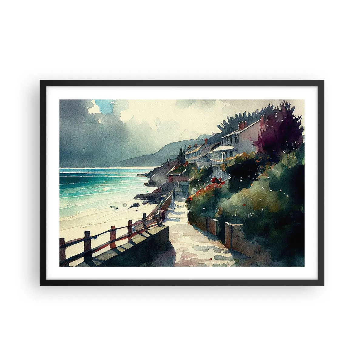 Plagát v čiernom ráme - Stredomorské mestečko - 70x50 cm