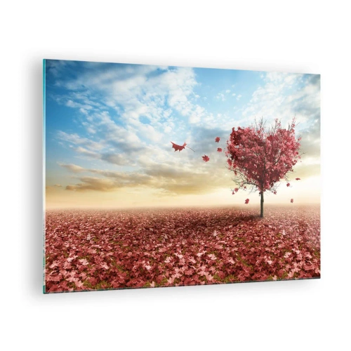 Obraz na skle - Strom v tvare srdca na pozadí poľa červených listov - 70x50cm - Zamilujte si tiež jeseň - Moderná nástenná dekorácia do obývacej izby a spálne ARTTOR