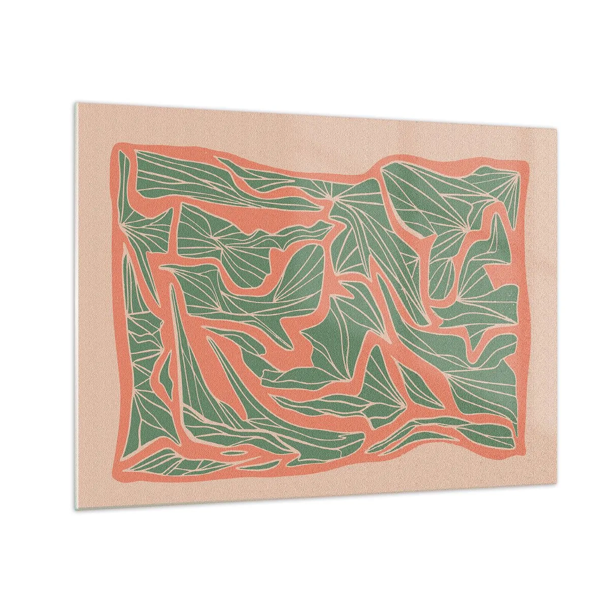 Obraz na skle - Zelené listové formy obklopené koralovým rámom na béžovom pozadí - 70x50cm - Súboj koralov a zelene - Moderná nástenná dekorácia do obývacej izby a spálne ARTTOR