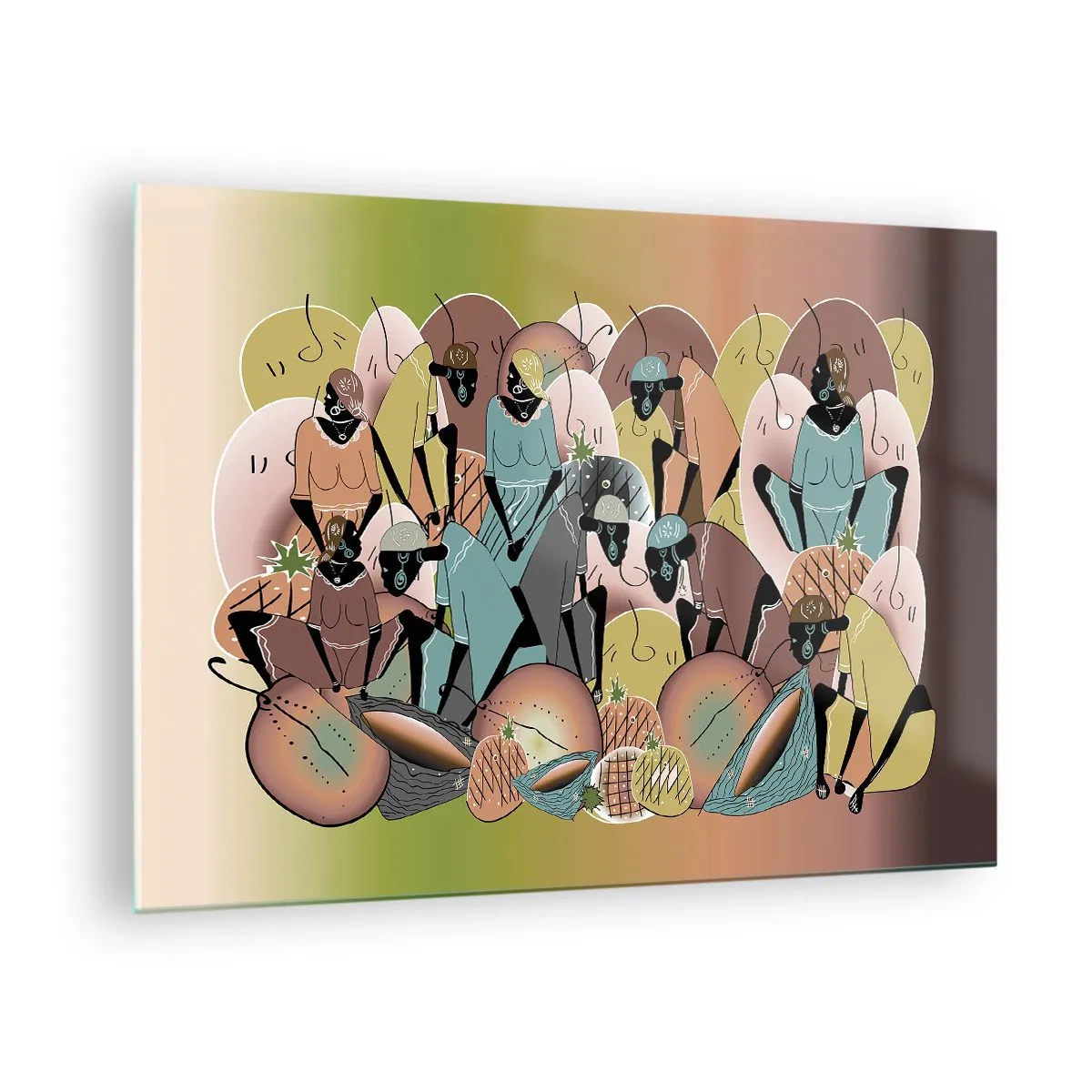Obraz na skle - Abstraktná ilustrácia postáv v odtieňoch béžovej, zelenej a ružovej. - 70x50cm - Blíži sa veľký sviatok - Moderná nástenná dekorácia do obývacej izby a spálne ARTTOR