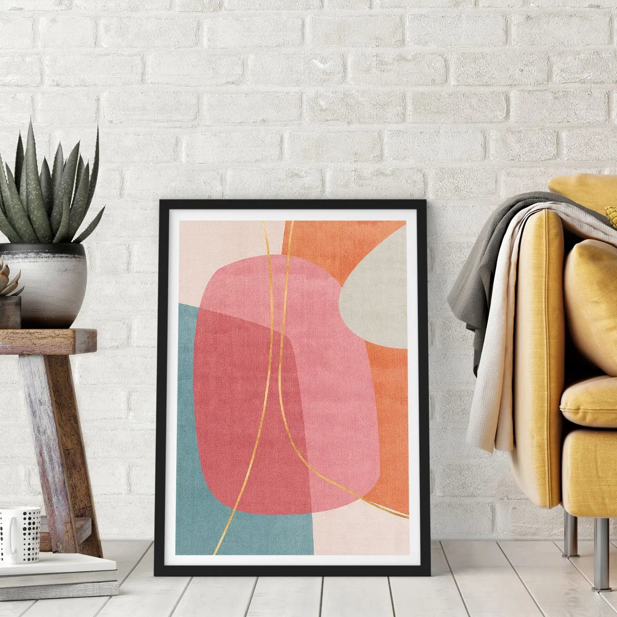 Plagát v čiernom ráme - Farebná abstrakcia s geometrickými tvarmi a zlatými čiarami - 50x70cm - Pastelová kompozícia so zlatou niťou - Moderná nástenná dekorácia do obývacej izby a spálne ARTTOR