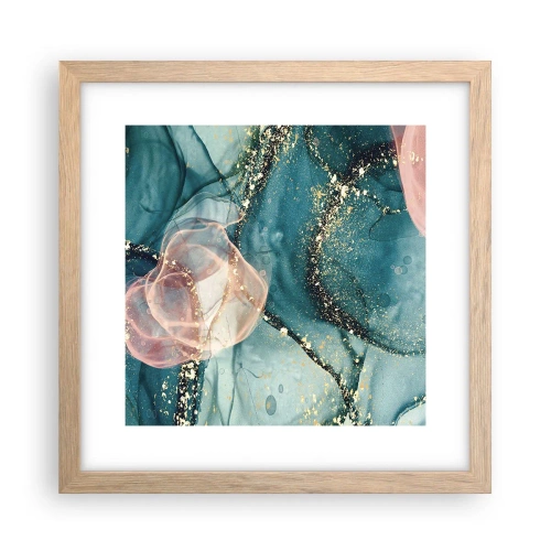 Plagát v ráme zo svetlého duba - Modré hodváb modré, ružový tyl - 30x30 cm