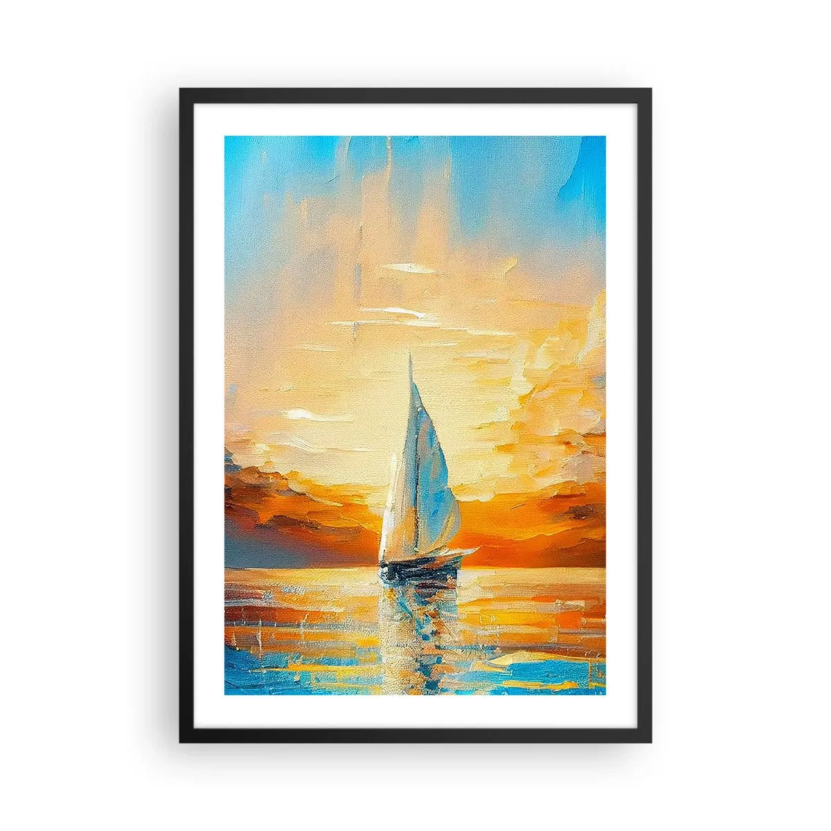 Plagát v čiernom ráme - Plachetnica na pozadí zlatého západu slnka - 50x70cm - Plavba v zlate - Moderná nástenná dekorácia do obývacej izby a spálne ARTTOR