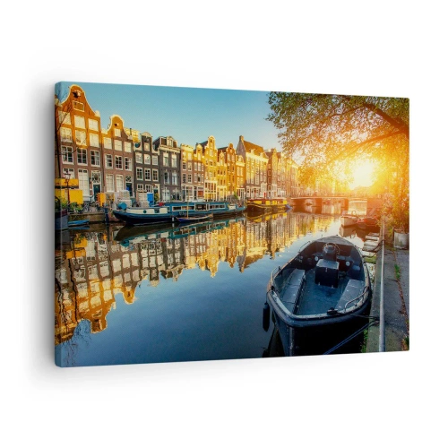 Obraz na plátne - Amsterdamský kanál pri západe slnka - 70x50cm - Ráno v Amsterdame - Moderná nástenná dekorácia do obývacej izby a spálne ARTTOR