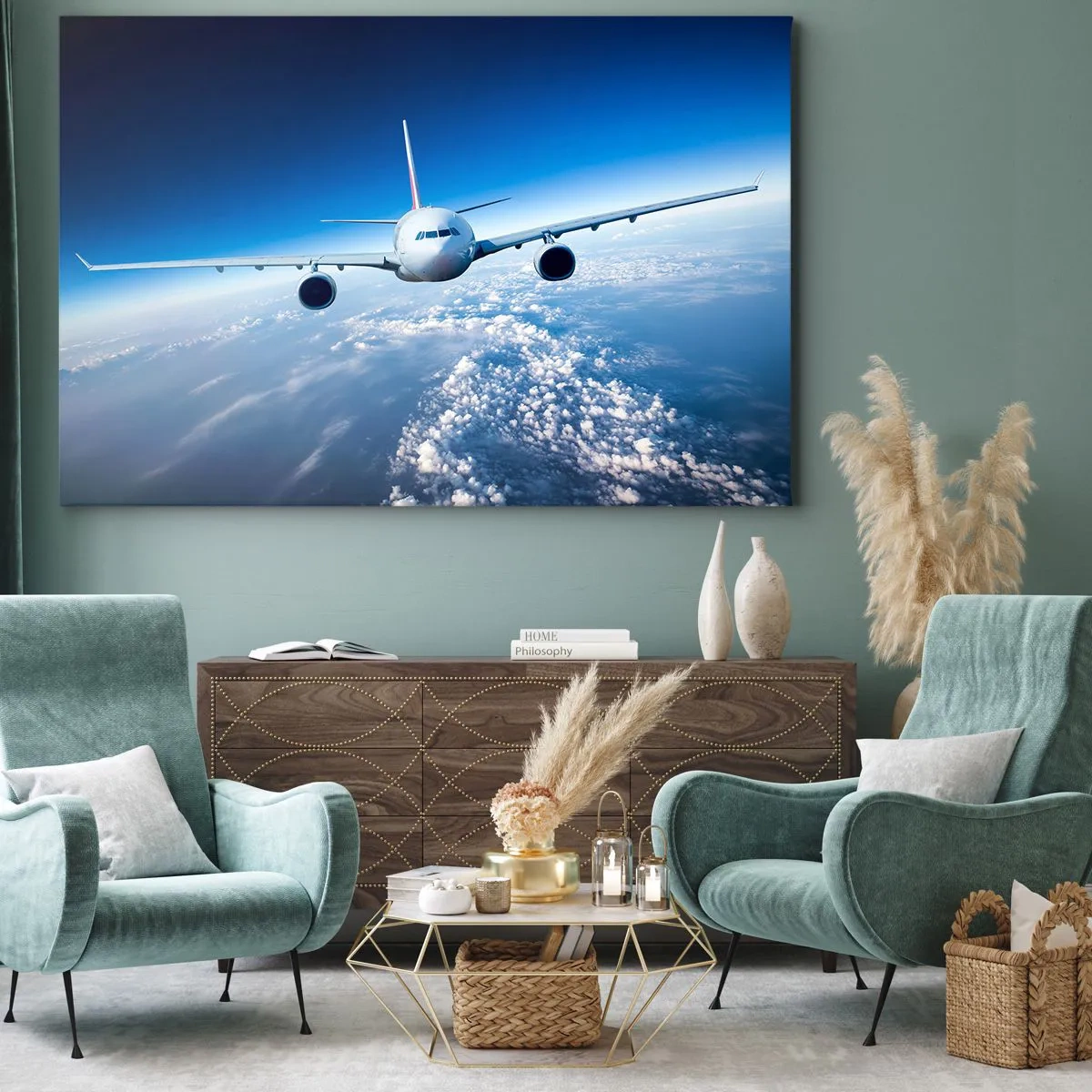 Obraz na plátne - Lietadlo letiace nad oblakmi na pozadí modrej oblohy - 70x50cm - Letím lebo chcem - Moderná nástenná dekorácia do obývacej izby a spálne ARTTOR