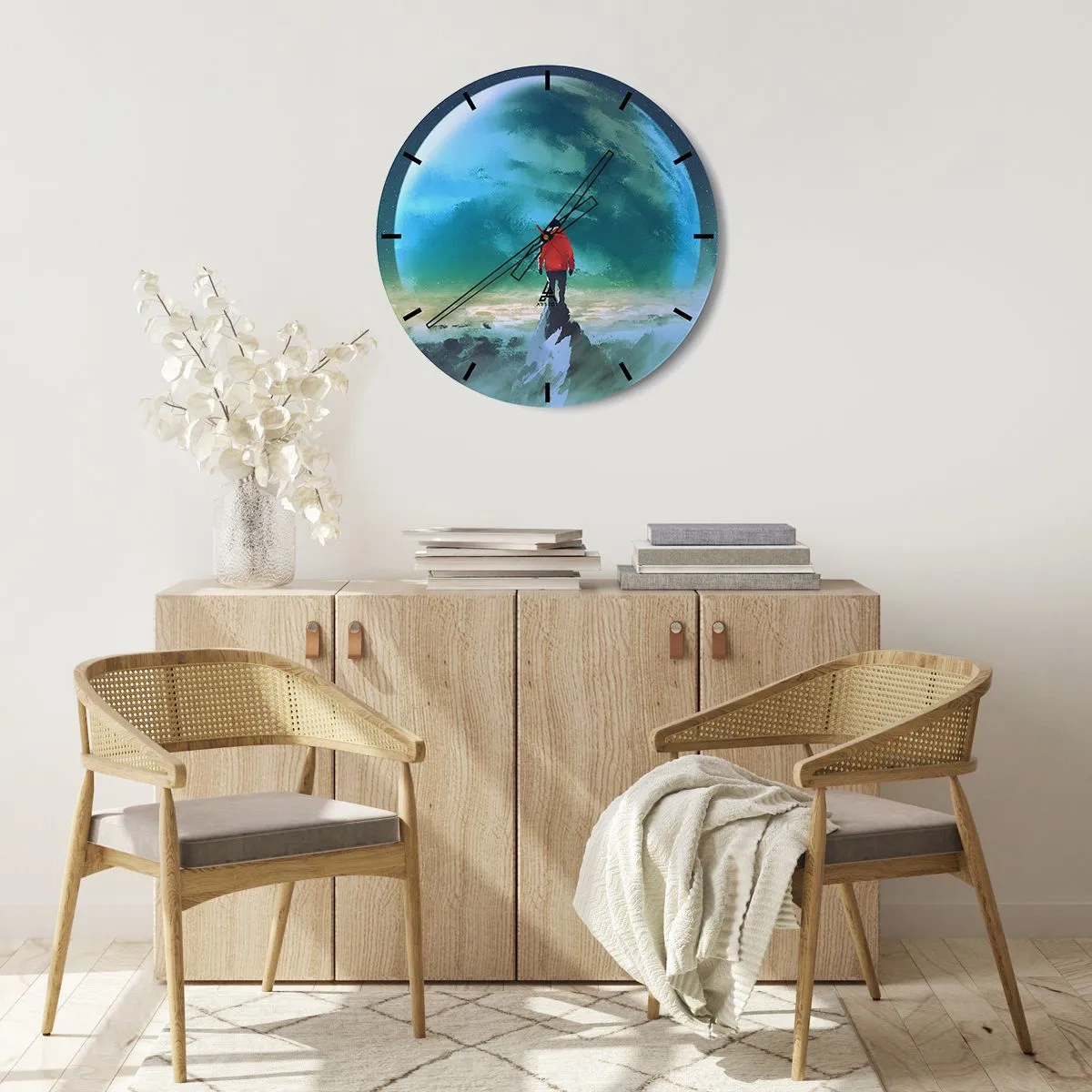 Nástenné hodiny - Postava na vrchole hory s výhľadom na zelenú planétu - 30x30cm - Objaviteľ novej krajiny - Moderná nástenná dekorácia do obývacej izby, kuchyne a spálne ARTTOR