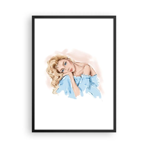 Plagát v čiernom ráme - Jemný portrét ženy v jemných farbách - 50x70cm - Zasnená v modrej - Moderná nástenná dekorácia do obývacej izby a spálne ARTTOR