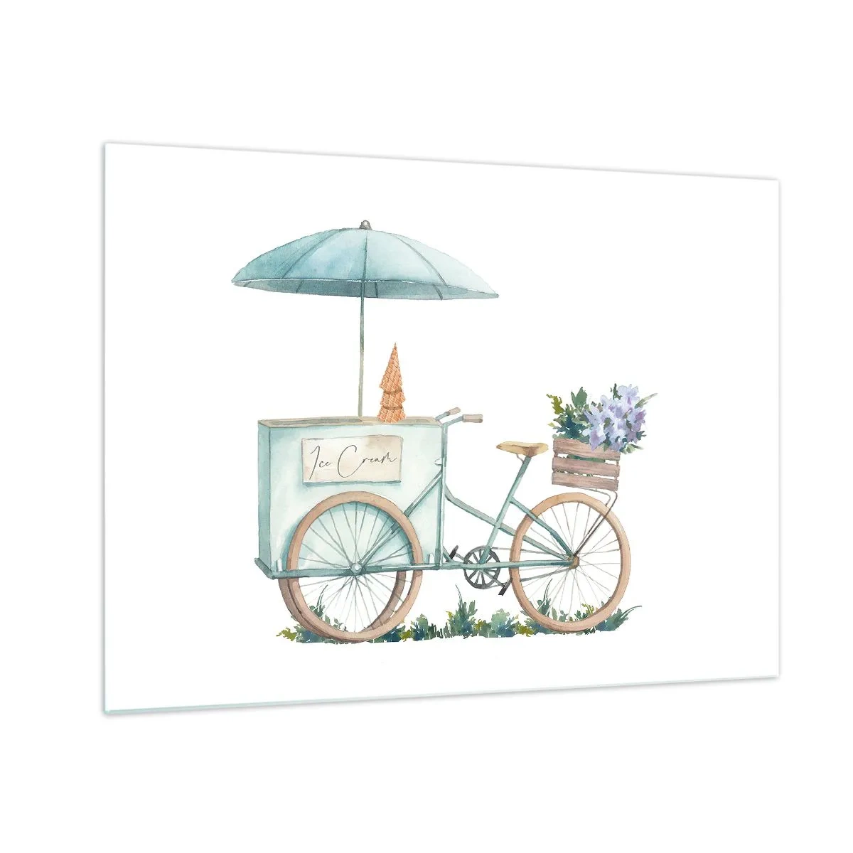Obraz na skle - Bicykel so zmrzlinou a pastelovými kvetmi - 70x50cm - Sladká spomienka na leto - Moderná nástenná dekorácia do obývacej izby a spálne ARTTOR