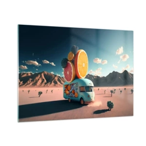 Obraz na skle - Tyrkysový karavan s ovocím na pozadí púštnej krajiny - 70x50cm - Chuť prázdnin - Moderná nástenná dekorácia do obývacej izby a spálne ARTTOR