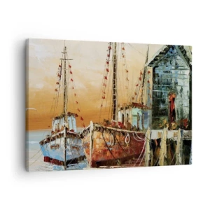 Obraz na plátne - Lode na brehu v teplom svetle západu slnka - 70x50cm - Pokojný návrat - Moderná nástenná dekorácia do obývacej izby a spálne ARTTOR