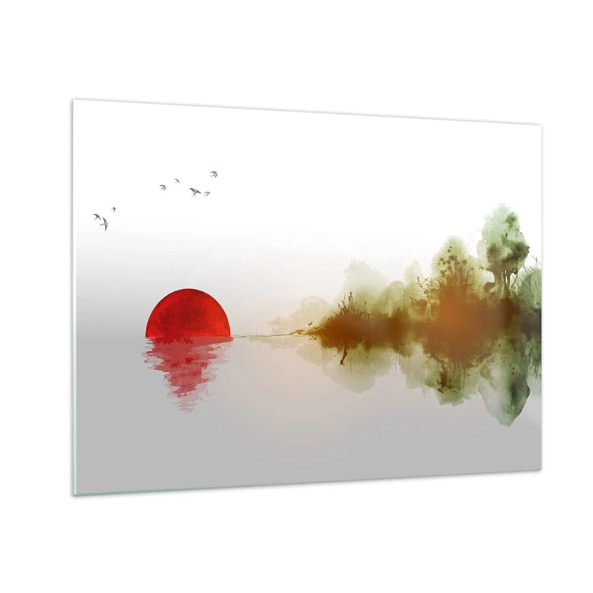 Obraz na skle - Červené slnko nad vodou a obrys lesa - 70x50cm - Prísľub pokoja - Moderná nástenná dekorácia do obývacej izby a spálne ARTTOR