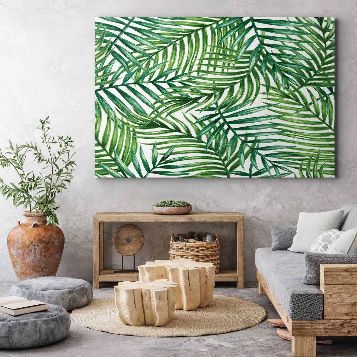 Obraz na plátne - Zelené tropické palmové listy na svetlom pozadí - 70x50cm - Pod zeleným baldachýnom - Moderná nástenná dekorácia do obývacej izby a spálne ARTTOR