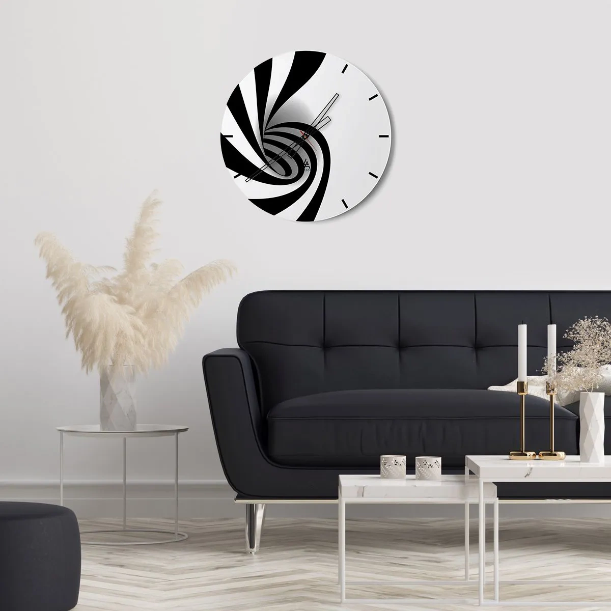 Nástenné hodiny - Čiernobiely vír v minimalistickom štýle - 30x30cm - A predsa sa točí - Moderná nástenná dekorácia do obývacej izby, kuchyne a spálne ARTTOR