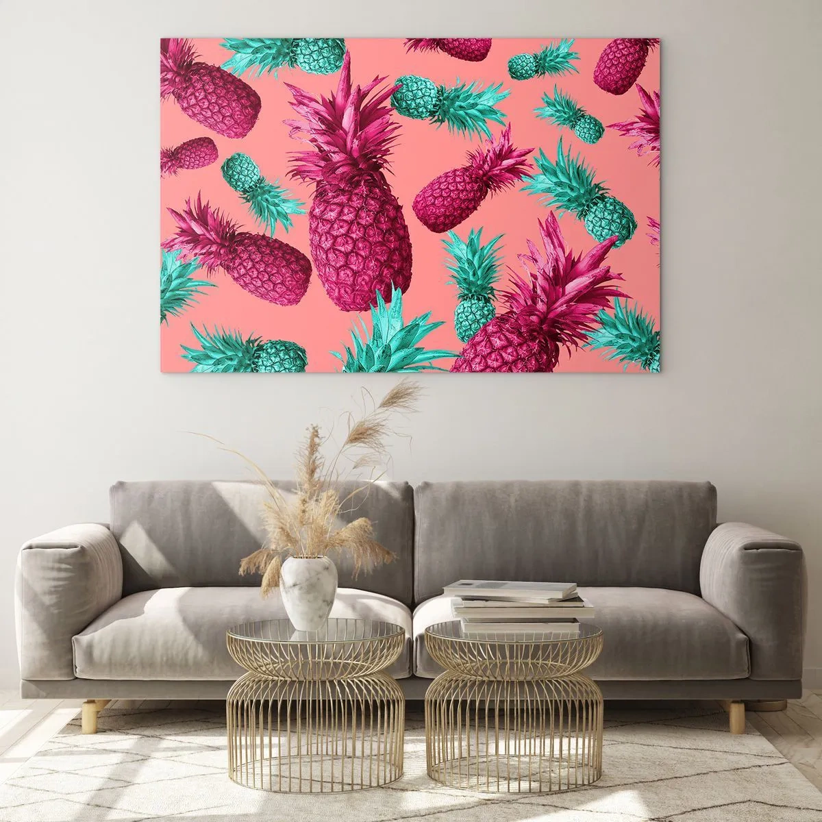 Obraz na skle - Farebné ananásy v odtieňoch ružovej a zelenej na ružovom pozadí - 70x50cm - Sloboda je sladká - Moderná nástenná dekorácia do obývacej izby a spálne ARTTOR