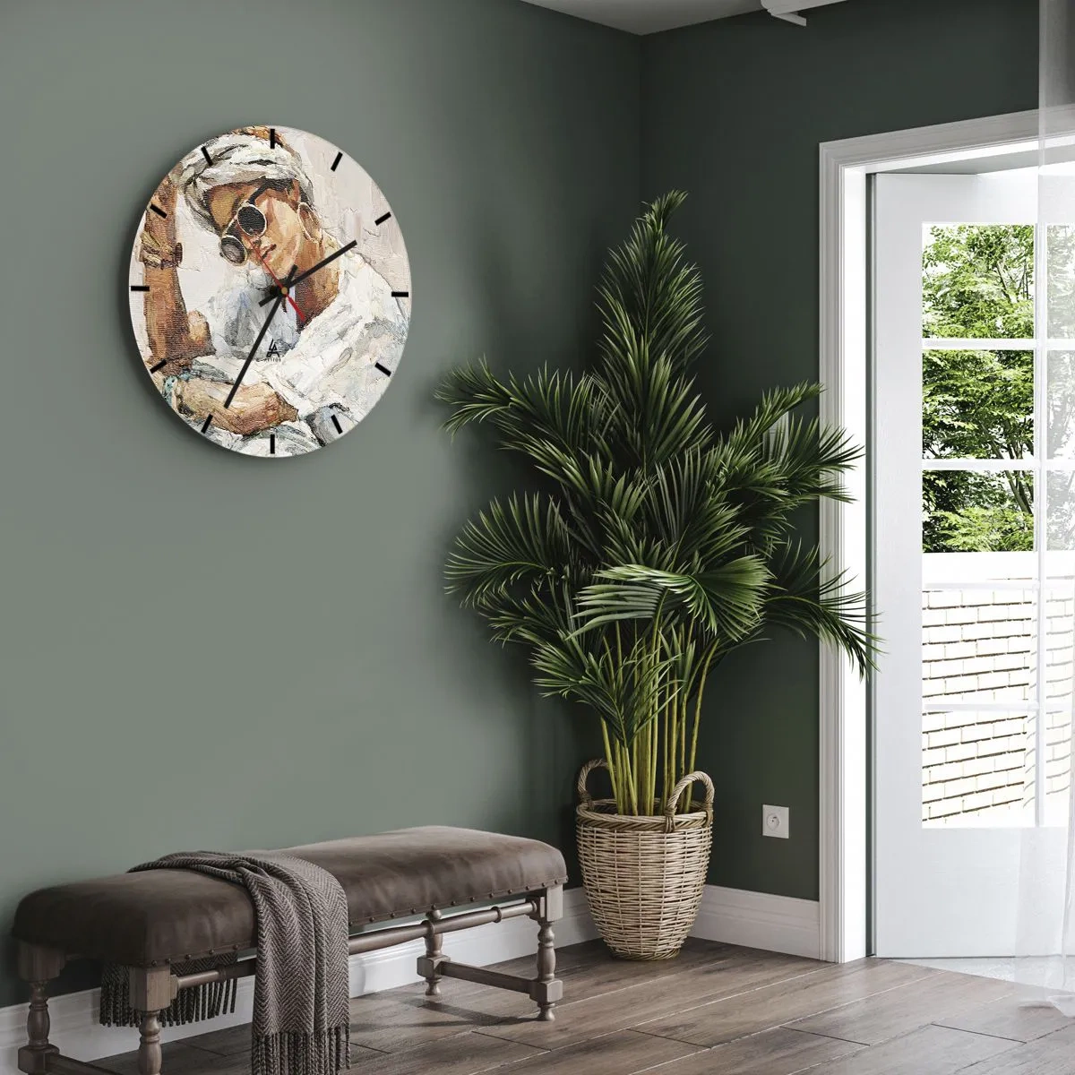 Nástenné hodiny - Portrét ženy so slnečnými okuliarmi maľovaný impasto technikou - 30x30cm - Portrét v plnom slnku - Moderná nástenná dekorácia do obývacej izby, kuchyne a spálne ARTTOR