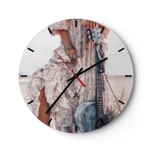 Nástenné hodiny - Boho štýl s gitarou na pláži a kvetinovými šatami - 30x30cm - Kvetinové deti na ceste - Moderná nástenná dekorácia do obývacej izby, kuchyne a spálne ARTTOR