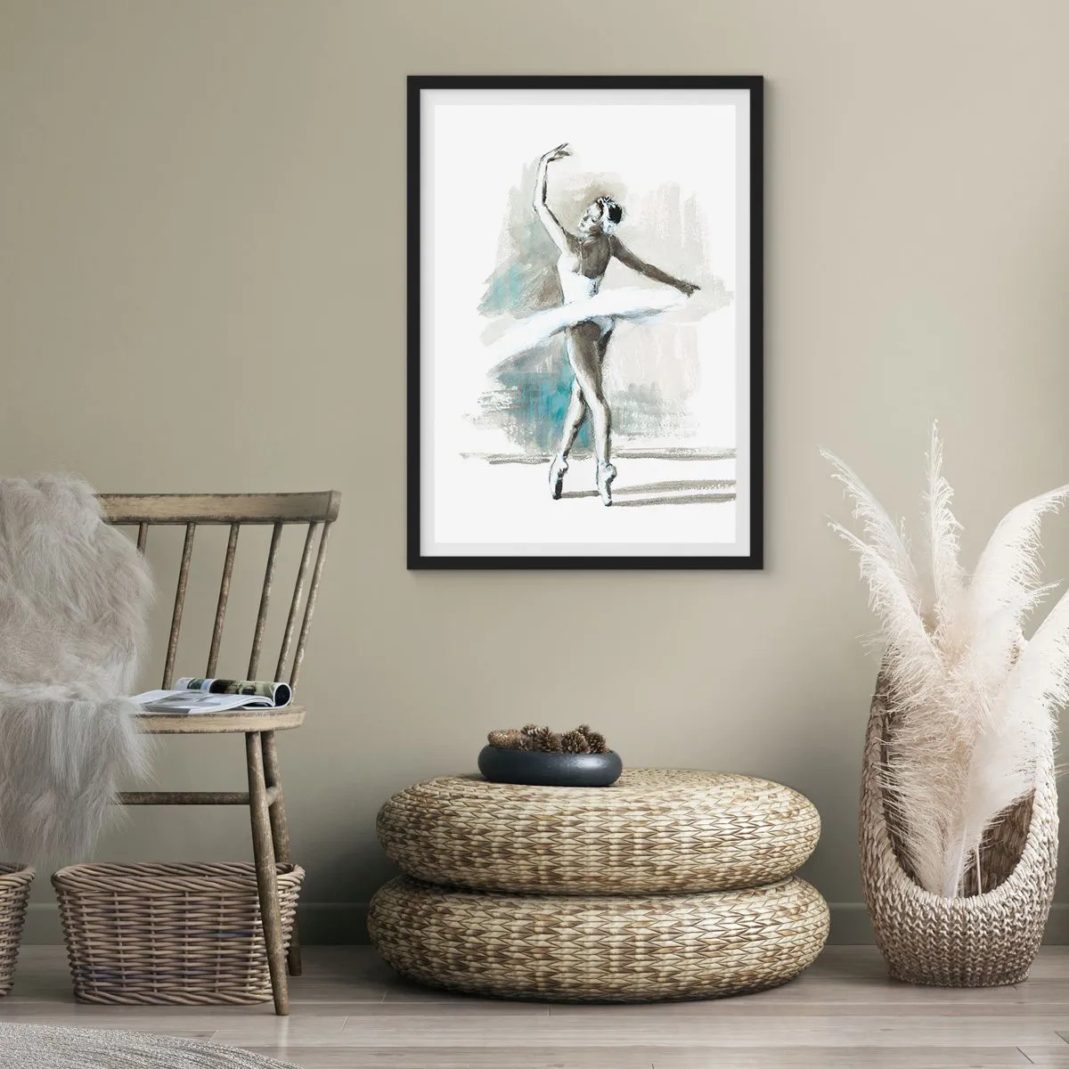 Plagát v čiernom ráme - Baletný tanečník v bielych šatách predvádzajúci - 50x70cm - Zakliata do labute - Moderná nástenná dekorácia do obývacej izby a spálne ARTTOR