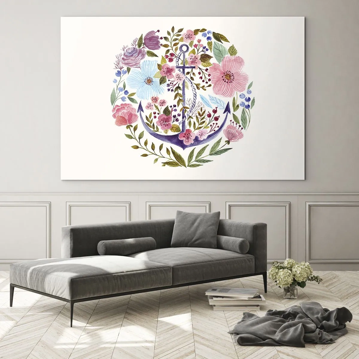 Obraz na skle - Kotva obklopená farebnými akvarelovými kvetmi - 70x50cm - Námorníkov krásny sen - Moderná nástenná dekorácia do obývacej izby a spálne ARTTOR