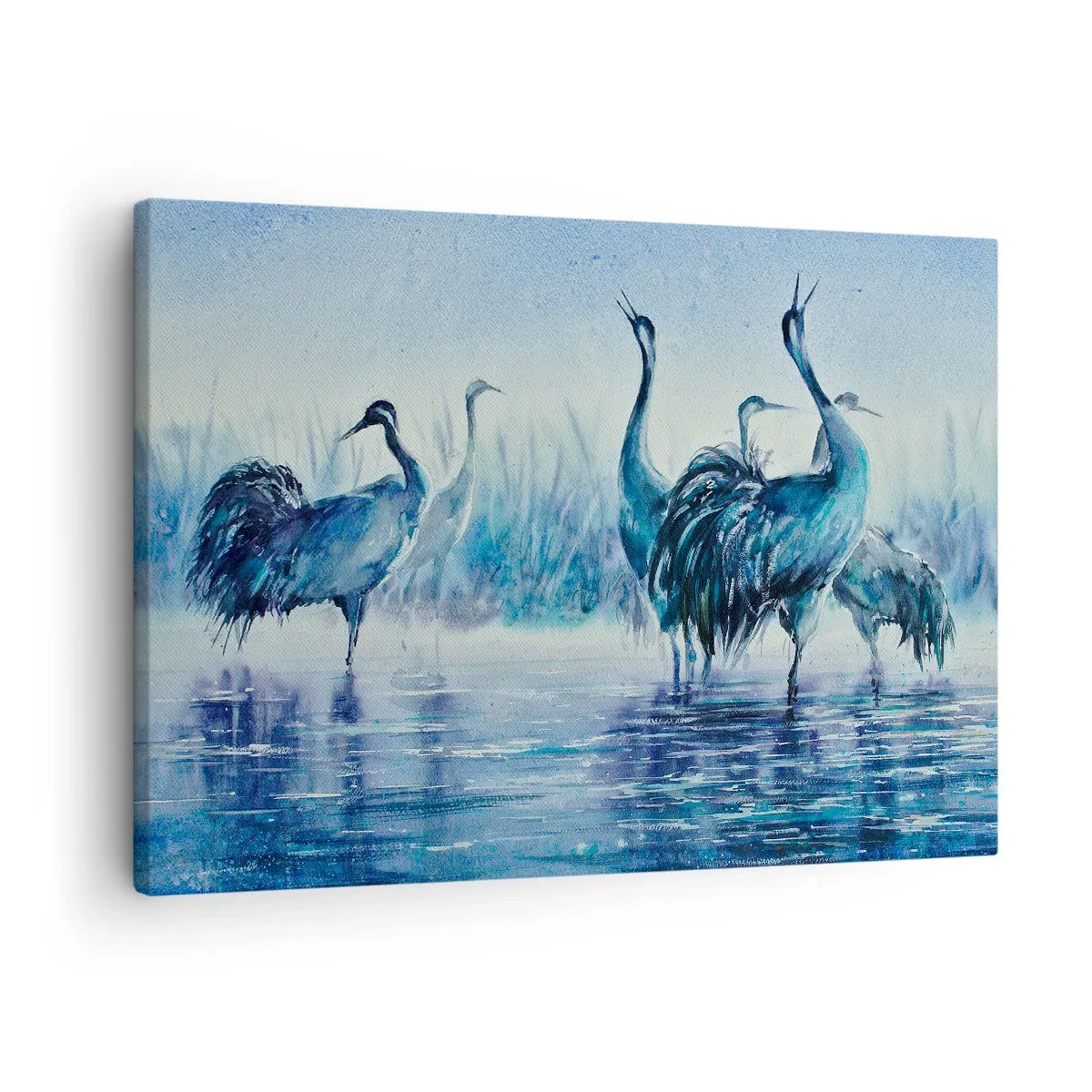Obraz na plátne - Žeriavy na pozadí hmly a vody v modrých tónoch - 70x50cm - Ranné stretnutie - Moderná nástenná dekorácia do obývacej izby a spálne ARTTOR