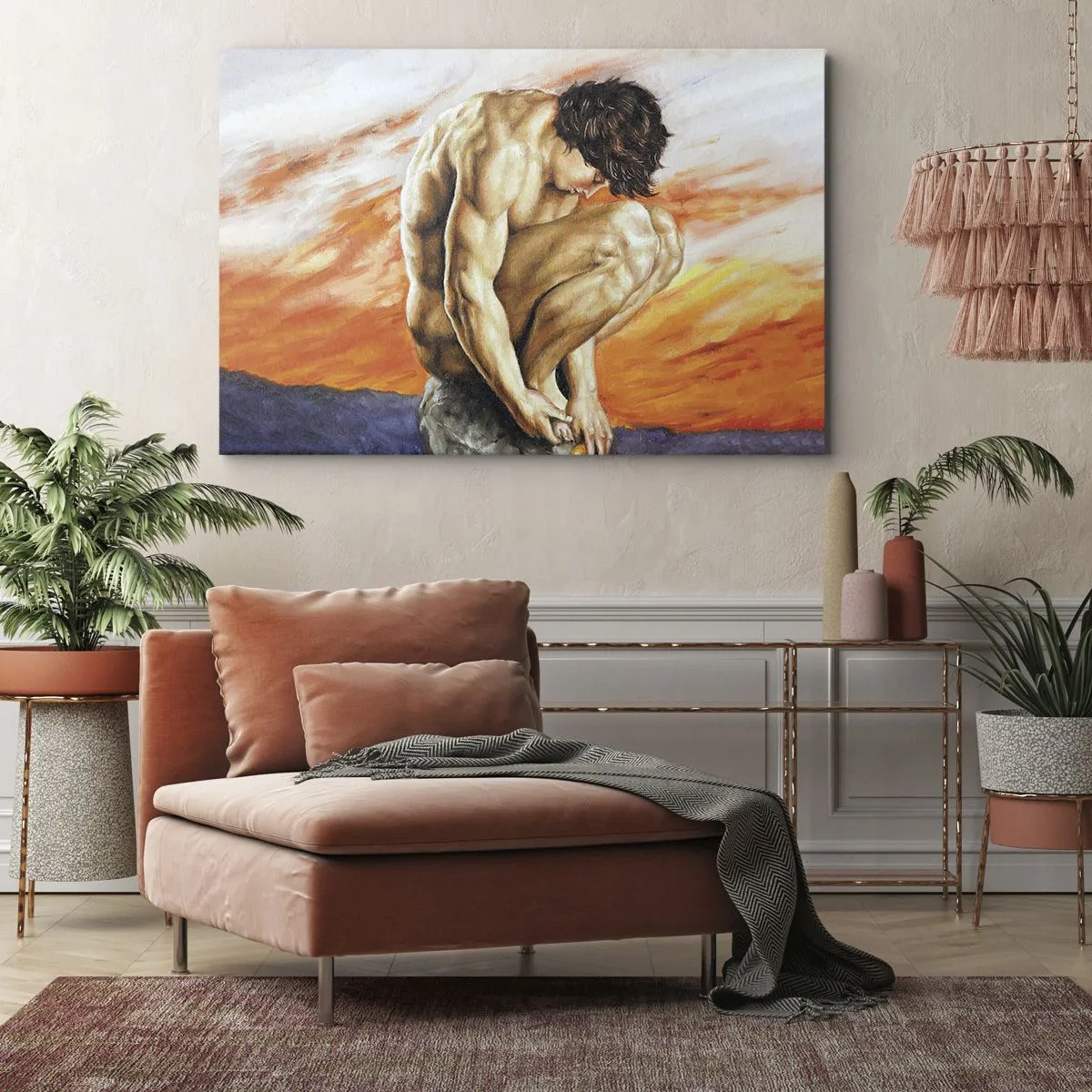Obraz na plátne - Muž stratený v myšlienkach na pozadí západu slnka - 70x50cm - Ponorený do seba - Moderná nástenná dekorácia do obývacej izby a spálne ARTTOR