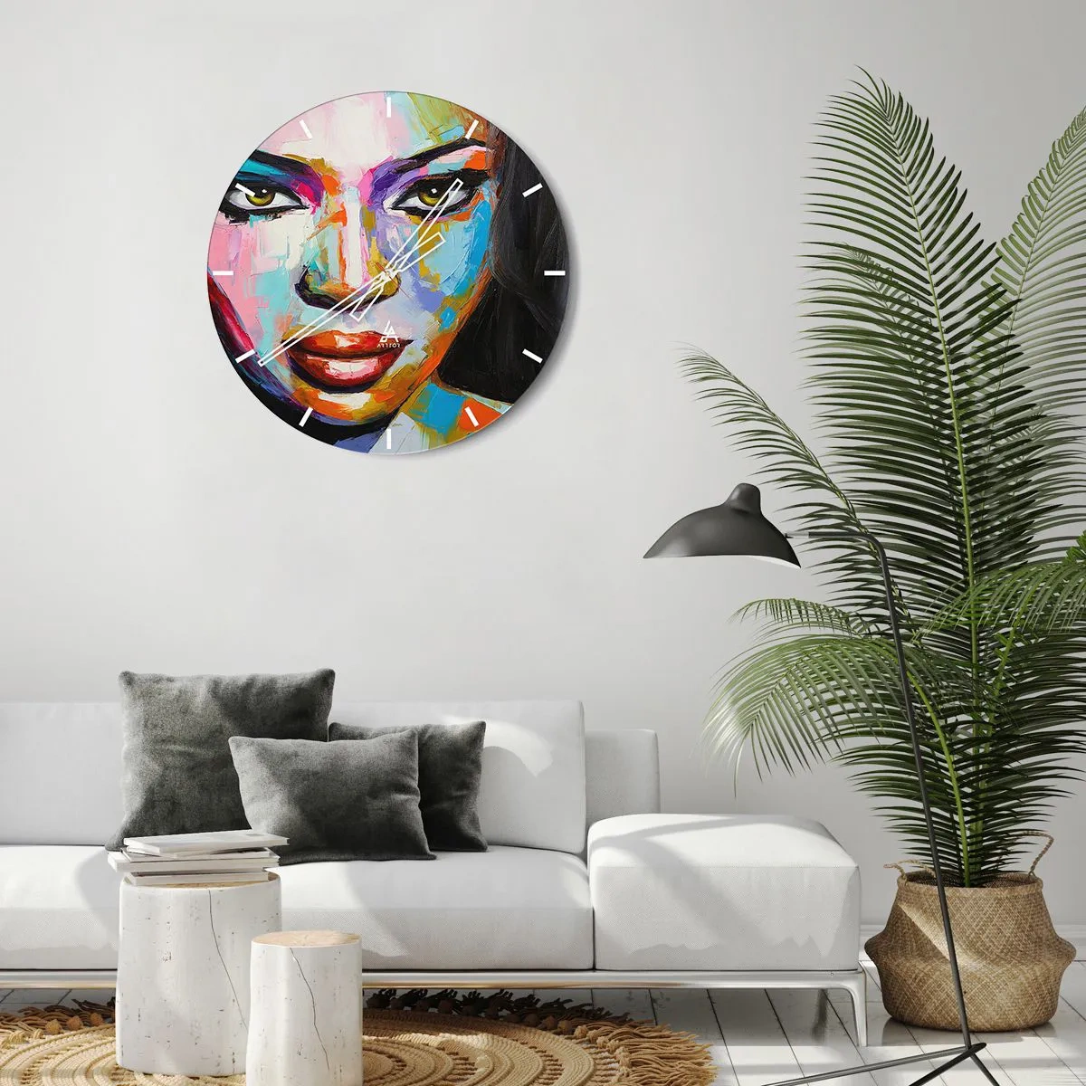 Nástenné hodiny - Farebný portrét ženy v intenzívnych farbách - 30x30cm - Nejde odtrhnúť oči - Moderná nástenná dekorácia do obývacej izby, kuchyne a spálne ARTTOR