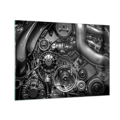 Obraz na skle - Detail čiernobieleho motora s viditeľnými mechanizmami - 70x50cm - Poézia mechaniky - Moderná nástenná dekorácia do obývacej izby a spálne ARTTOR