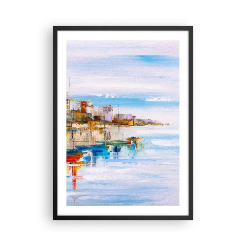 Plagát v čiernom ráme - Farebná krajina prímorského mestečka - 50x70cm - Viacfarebný mestský prístav - Moderná nástenná dekorácia do obývacej izby a spálne ARTTOR