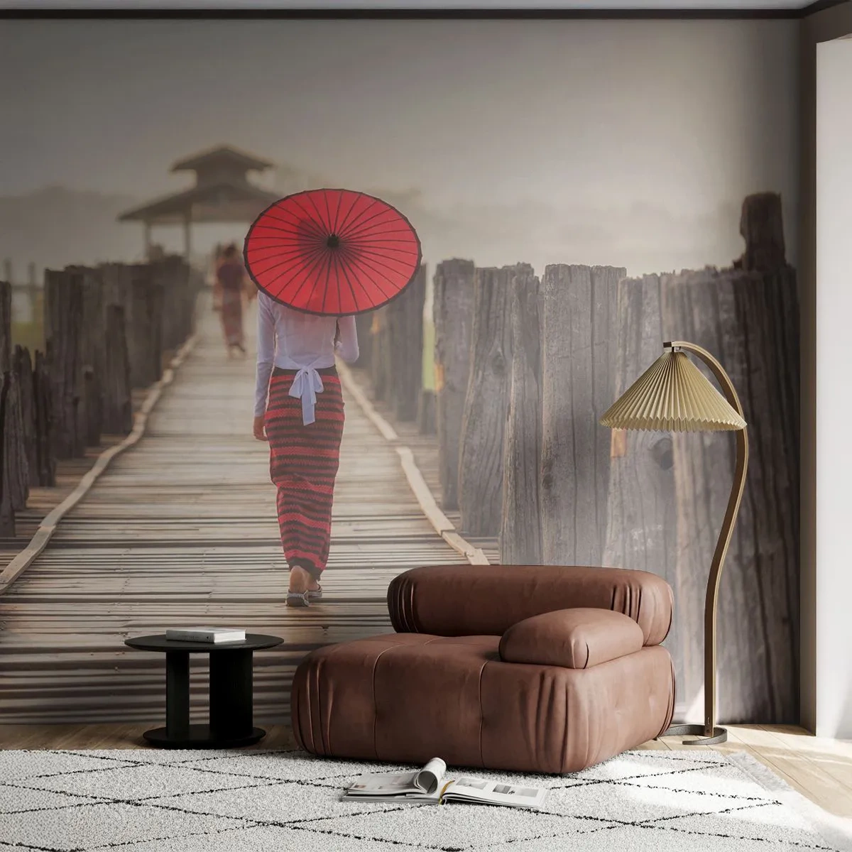Fototapeta Standard Eco - Na starom moste - Dáždnik, Barma, Drevený most - 400x280 cm