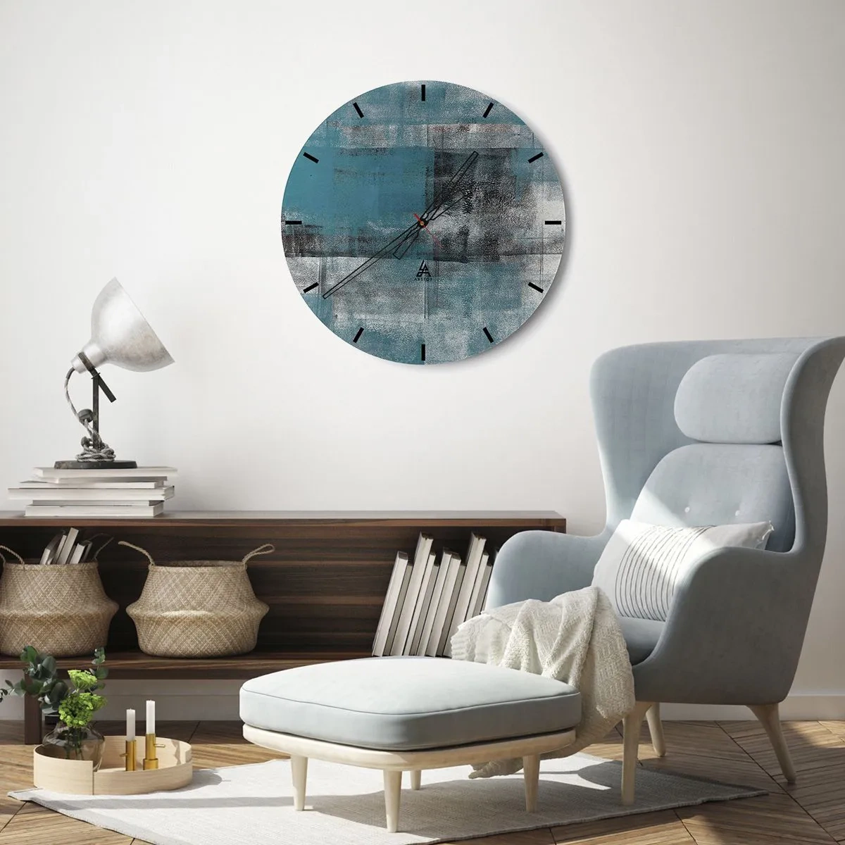 Nástenné hodiny - Abstraktný vzor v odtieňoch tyrkysovej a sivej - 30x30cm - Voda a vzduch - Moderná nástenná dekorácia do obývacej izby, kuchyne a spálne ARTTOR