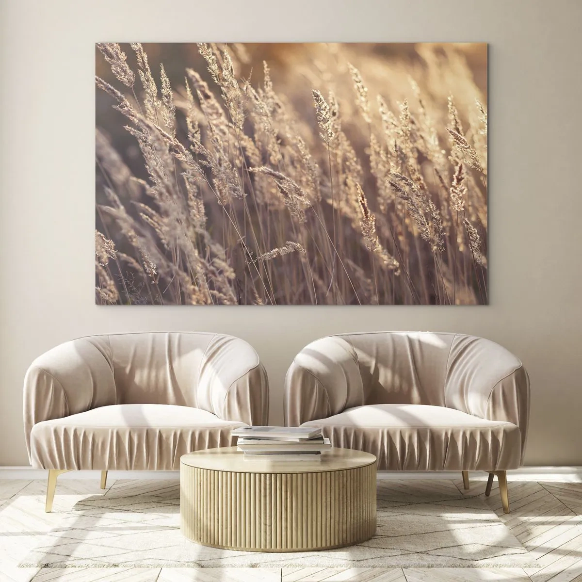 Obraz na skle - Zlaté trávy osvetlené lúčmi zapadajúceho slnka - 70x50cm - Pripravení privítať jeseň - Moderná nástenná dekorácia do obývacej izby a spálne ARTTOR