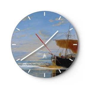Nástenné hodiny - Plachetnica na brehu s ľuďmi na pozadí oblohy a mora - 30x30cm - Voda, zem, vzduch - Moderná nástenná dekorácia do obývacej izby, kuchyne a spálne ARTTOR