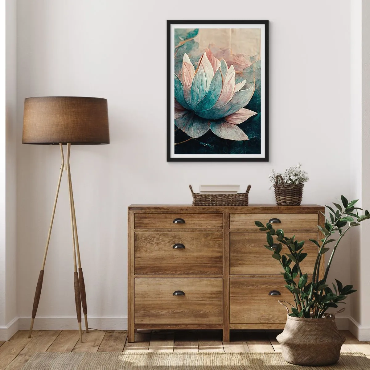 Plagát v čiernom ráme - Jemný lotosový kvet s mystickou aurou - 50x70cm - Hviezdy a jazero - Moderná nástenná dekorácia do obývacej izby a spálne ARTTOR