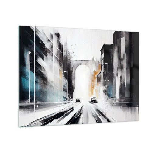 Obraz na skle - Dynamická mestská ulica s autami a oblúkom v pozadí v maliarskom štýle. - 70x50cm - Štúdia mesta: architektúra a pohyb - Moderná nástenná dekorácia do obývacej izby a spálne ARTTOR