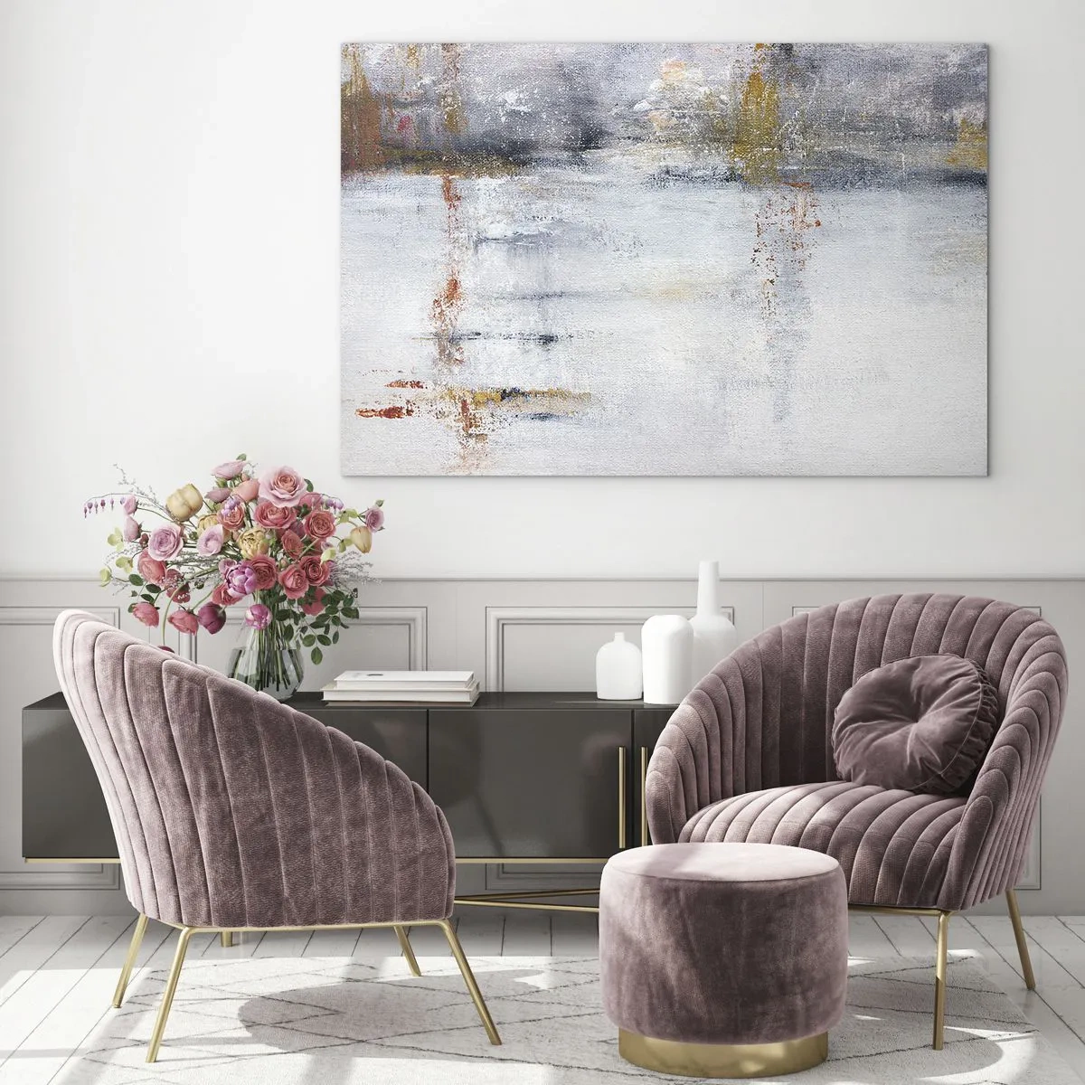 Obraz na skle - Abstraktný obraz s jemnou kombináciou sivej, bielej a zlatej farby. - 70x50cm - Za závojom vzduchu - Moderná nástenná dekorácia do obývacej izby a spálne ARTTOR