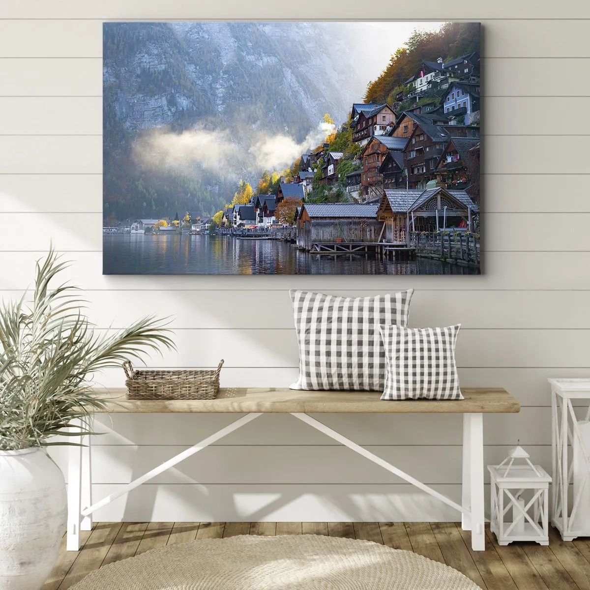 Obraz na plátne - Horská dedinka pri jazere v jesennej scenérii - 70x50cm - Alpská krajina - Moderná nástenná dekorácia do obývacej izby a spálne ARTTOR