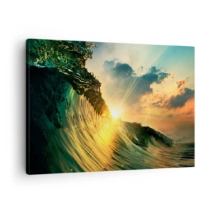 Obraz na plátne - Vlna so zapadajúcim slnkom a osvetlenými oblakmi - 70x50cm - Surfer, kde si? - Moderná nástenná dekorácia do obývacej izby a spálne ARTTOR