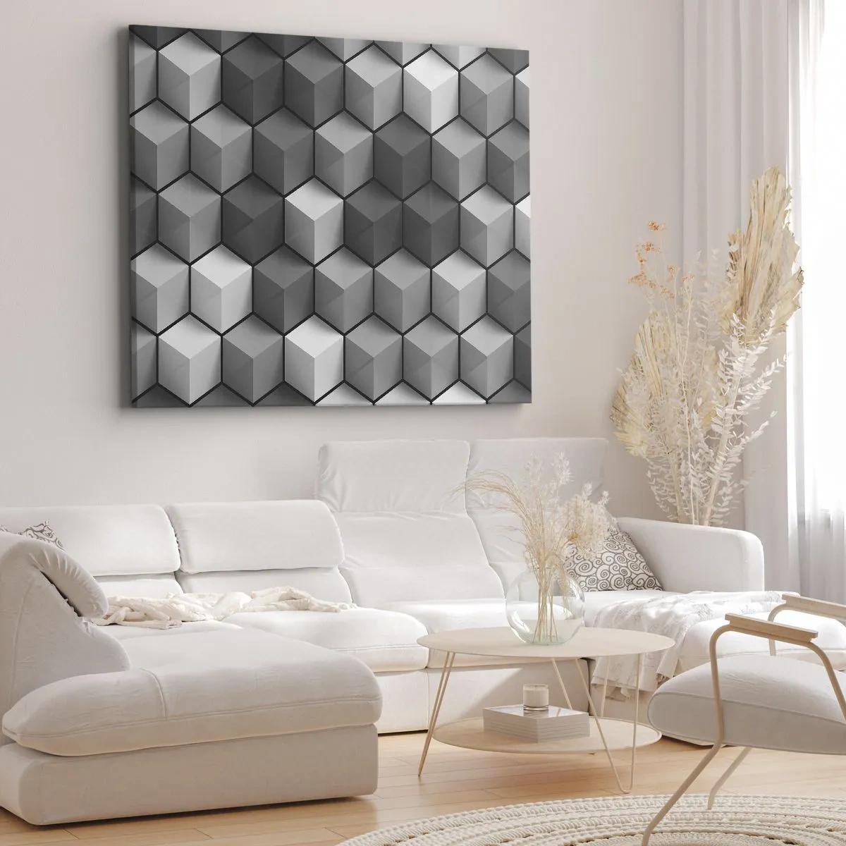Obraz na plátne - Geometrické zloženie kociek v odtieňoch sivej a čiernej - 70x50cm - Kubistické puzzle - Moderná nástenná dekorácia do obývacej izby a spálne ARTTOR