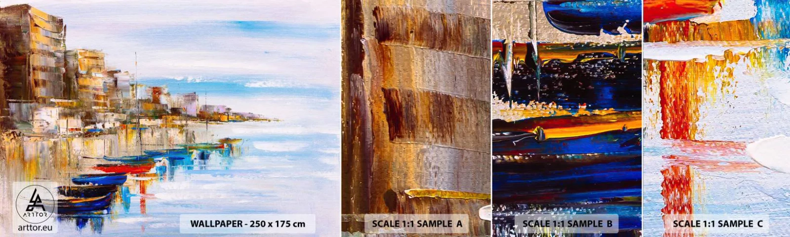 Vzorka samolepiacej fototapety Deluxe Sticker - Viacfarebný mestský prístav - Krajina, Prístav, Prímorské - 100x30 cm