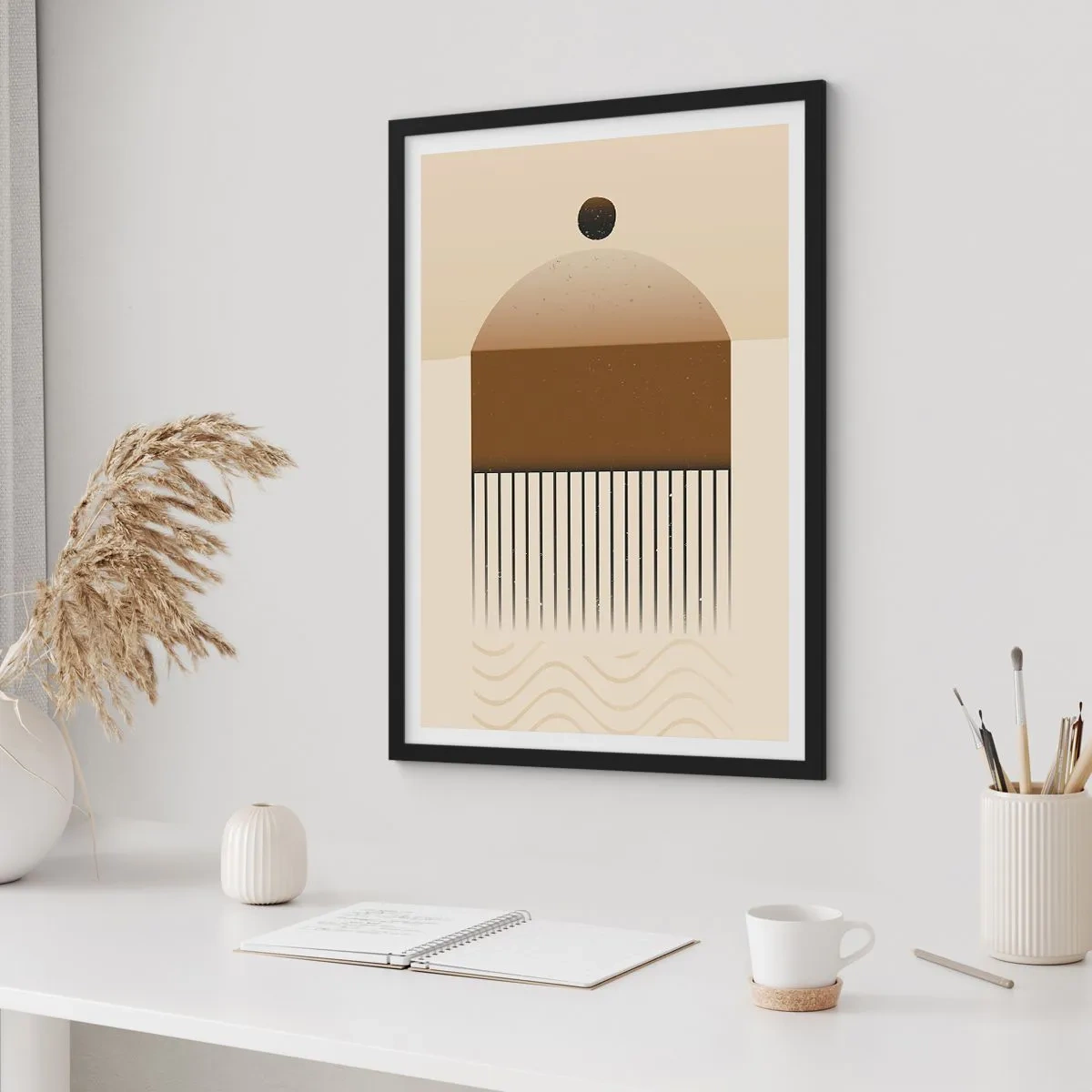 Plagát v čiernom ráme - Minimalistická abstrakcia v odtieňoch hnedej a béžovej - 50x70cm - Rôzne stavy - Moderná nástenná dekorácia do obývacej izby a spálne ARTTOR