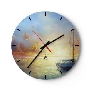 Nástenné hodiny - Plachetnica na mori pri západe slnka - 30x30cm - V zlatom zálive - Moderná nástenná dekorácia do obývacej izby, kuchyne a spálne ARTTOR
