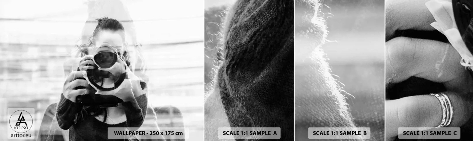 Vzorka samolepiacej fototapety Deluxe Sticker - Tvorca a materiál - Abstrakcia, Fotograf, Žena - 100x30 cm