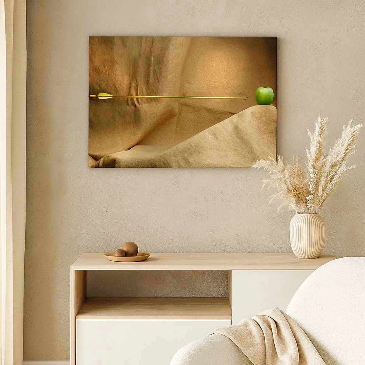 Obraz na plátne - Zelené jablko na látke so šípkou vytvárajúcou kompozíciu - 70x50cm - Privolať ducha Wilhelma Tella - Moderná nástenná dekorácia do obývacej izby a spálne ARTTOR