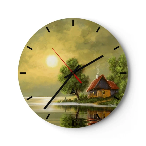 Nástenné hodiny - Očarujúca chata pri jazere obklopená zeleňou pri západe slnka - 30x30cm - Krásne, ako z obrázku - Moderná nástenná dekorácia do obývacej izby, kuchyne a spálne ARTTOR