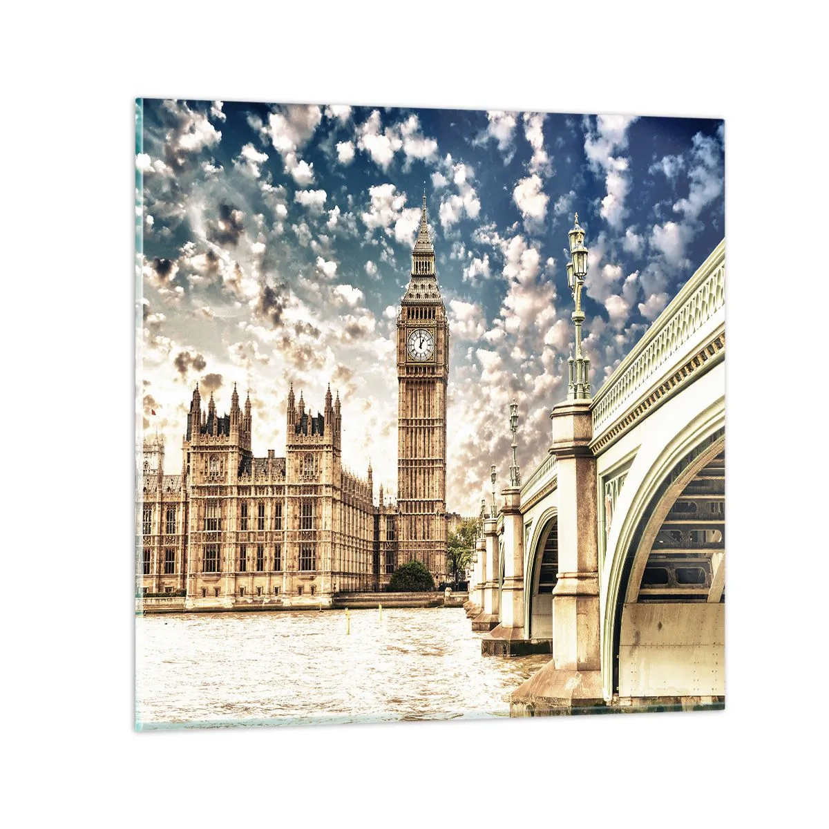 Obraz na skle - Perové oblaky nad Temžou - 40x40 cm
