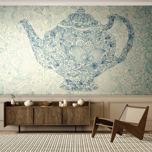 Fototapeta Standard Eco - Dekoratívna čajová kanvica v kvetinovom lineárnom štýle - 100x70cm - Čajové kúzlo - Moderná nástenná dekorácia do obývacej izby a spálne ARTTOR