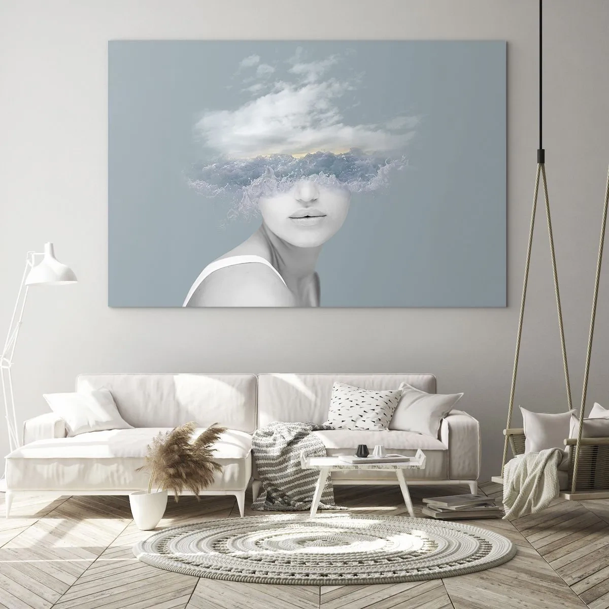 Obraz na skle - Ženská tvár splýva s oblohou a oblakmi v surrealistickej vízii. - 70x50cm - S hlavou v oblakoch - Moderná nástenná dekorácia do obývacej izby a spálne ARTTOR