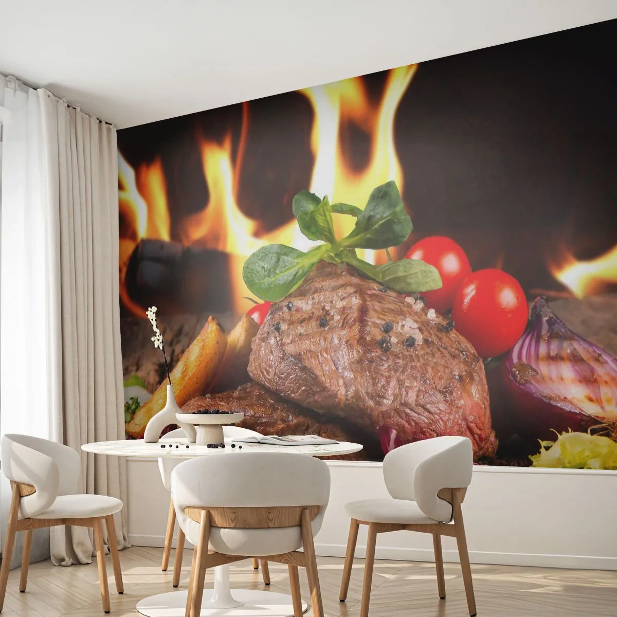 Samolepiaca Fototapeta Deluxe Sticker - Vykúzlené žiarou - Gastronómia, steak, Plamene ohňa - 250x175 cm