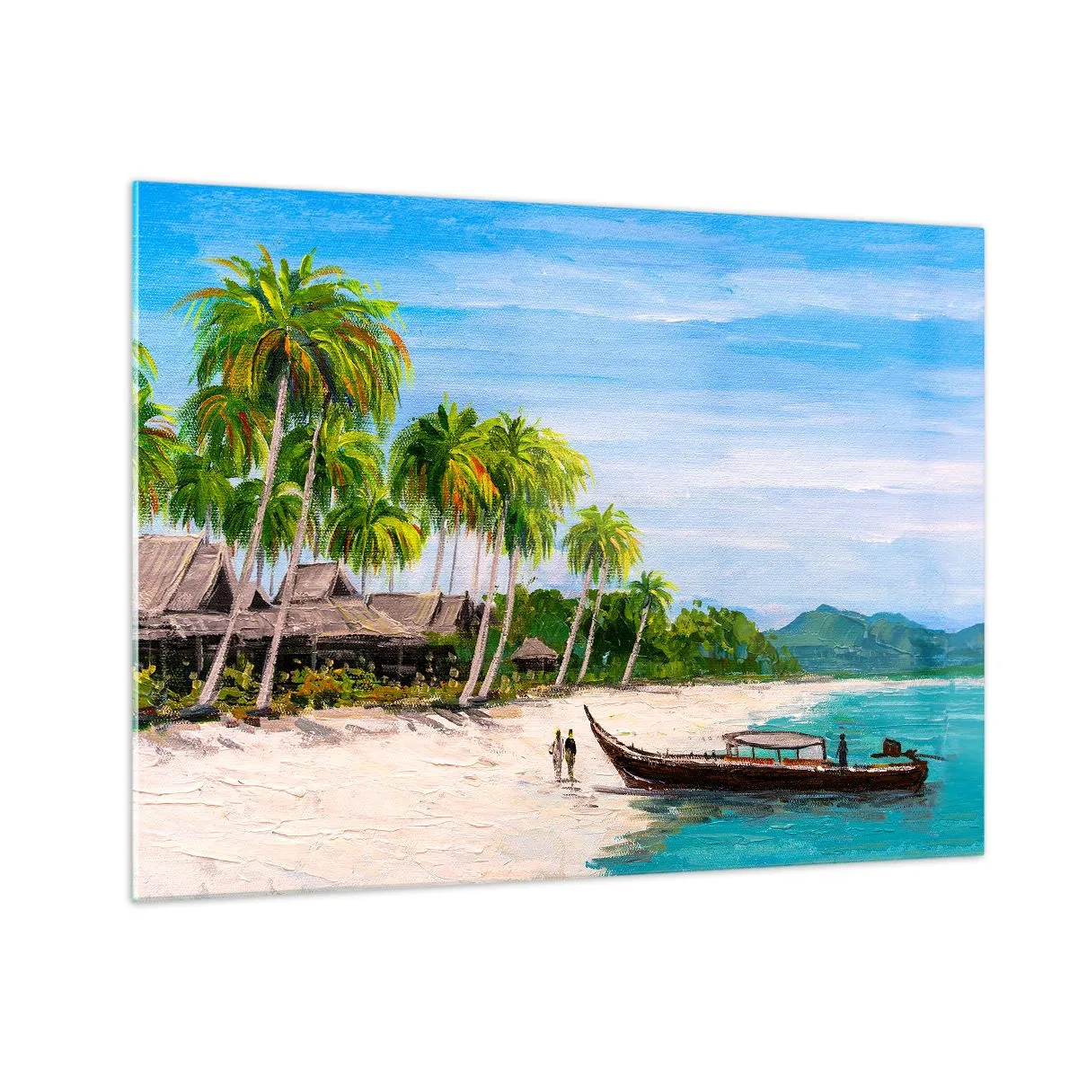 Obraz na skle - Tropická pláž s loďkou a palmami vedľa tradičných chatrčí - 70x50cm - Exotický sen - Moderná nástenná dekorácia do obývacej izby a spálne ARTTOR