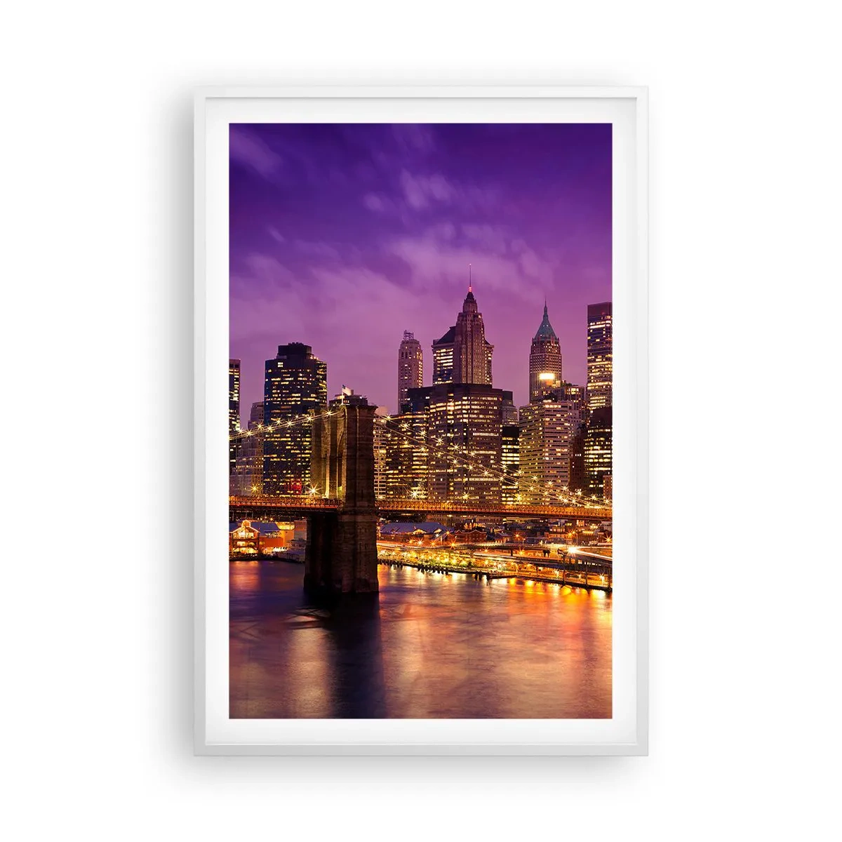 Plagát v bielom ráme - Fialovo-zlatý Manhattan - 61x91 cm