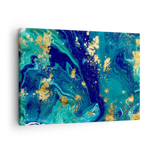 Obraz na plátne - Abstraktná kompozícia s modrými, zelenými a zlatými akcentmi. - 70x50cm - Plátky slnka  - Moderná nástenná dekorácia do obývacej izby a spálne ARTTOR